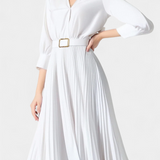 Midi haljina s rever kragnom i plisiranim remenom